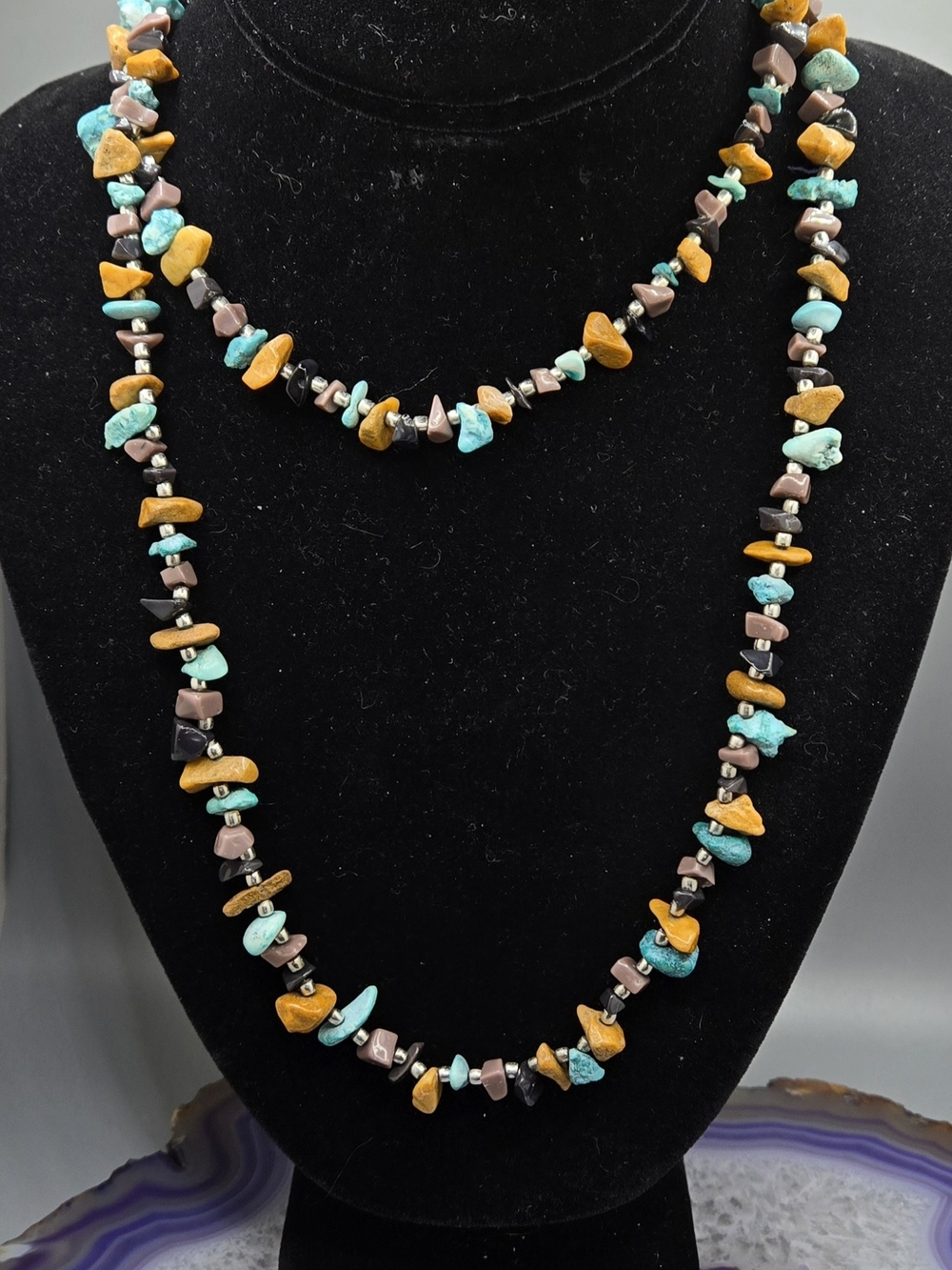 Stone Chip Necklace Mookaite Dyed Howlite Silver Tone Spacer Beads 36"